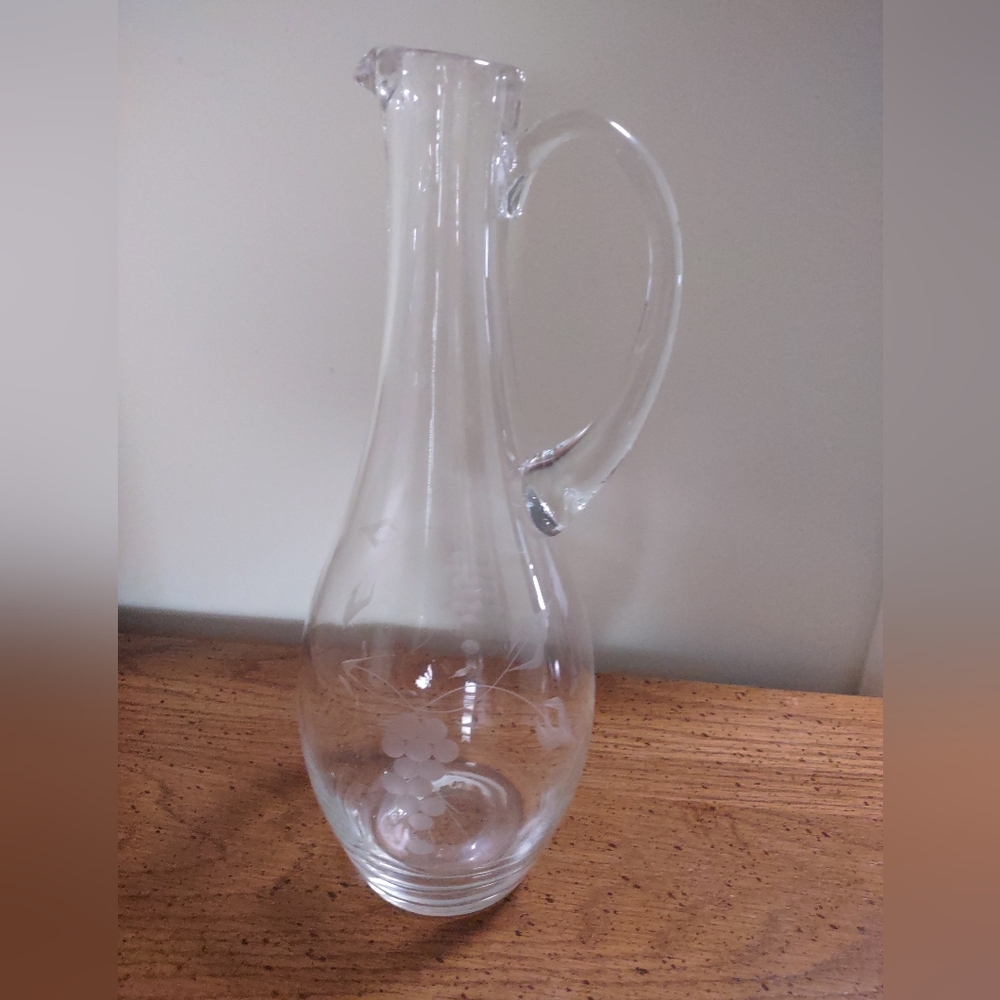Vintage etched grapes glass wine carafe pitcher